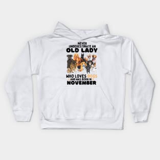 Never Underestimate An Old Lady Who Loves Dogs And Was November Kids Hoodie